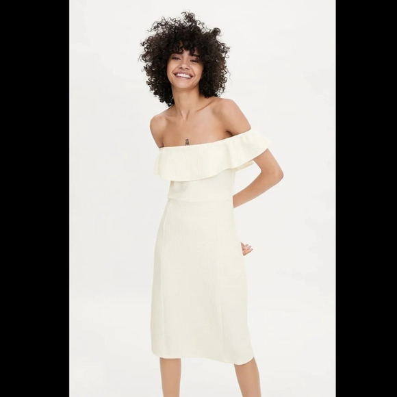 ZARA Textured Weave Sheath Midi Dress Ruffle Off The Shoulder Bridal Wedding M - Picture 1 of 10